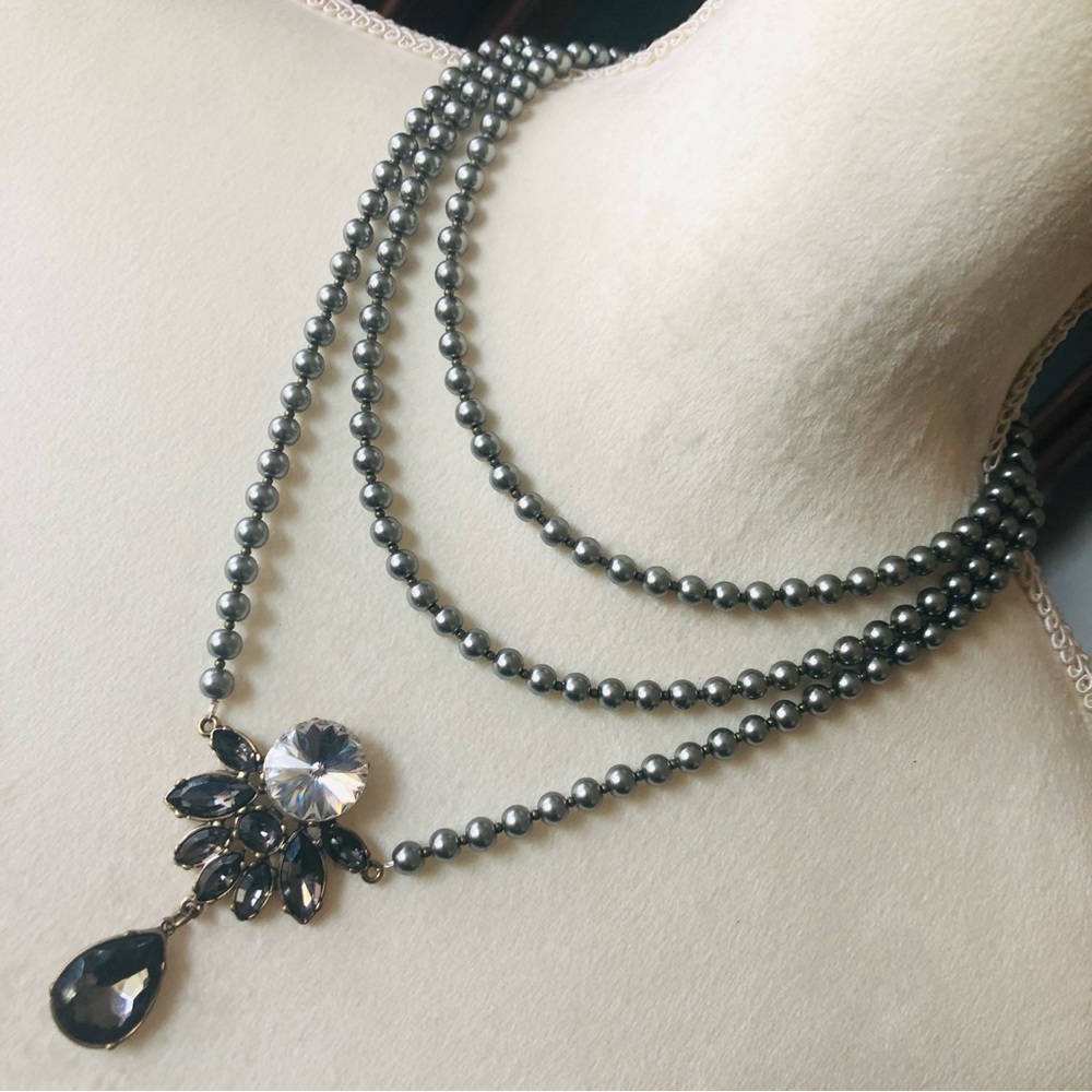 Handcrafted repurpose charcoal cluster Czech glass Pearl fancy clasp necklace